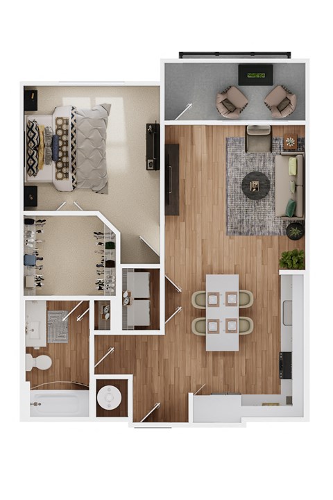 a stylized floor plan with a bedroom and a living room